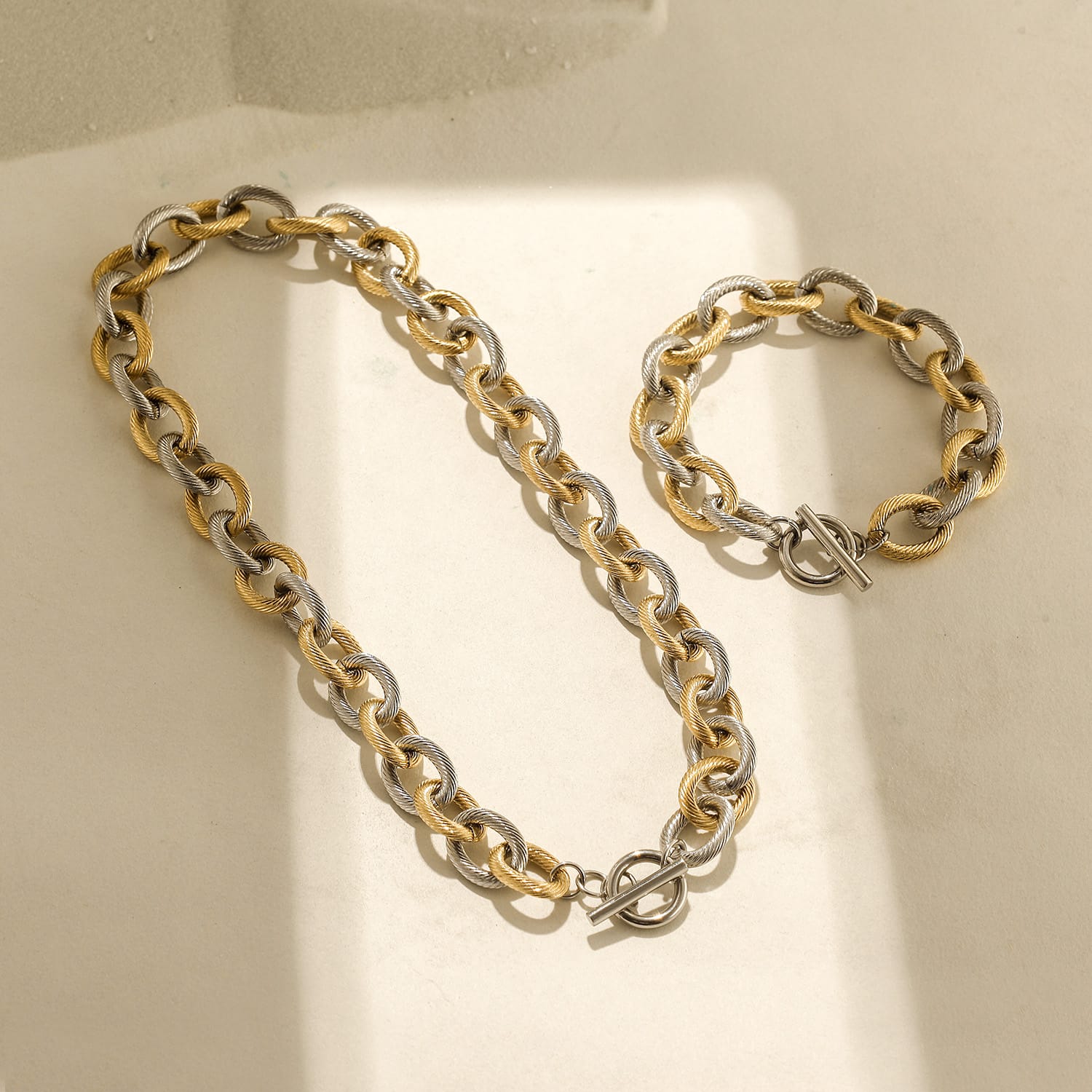 Twisted heavy cable stainless steel two-tone bracelet