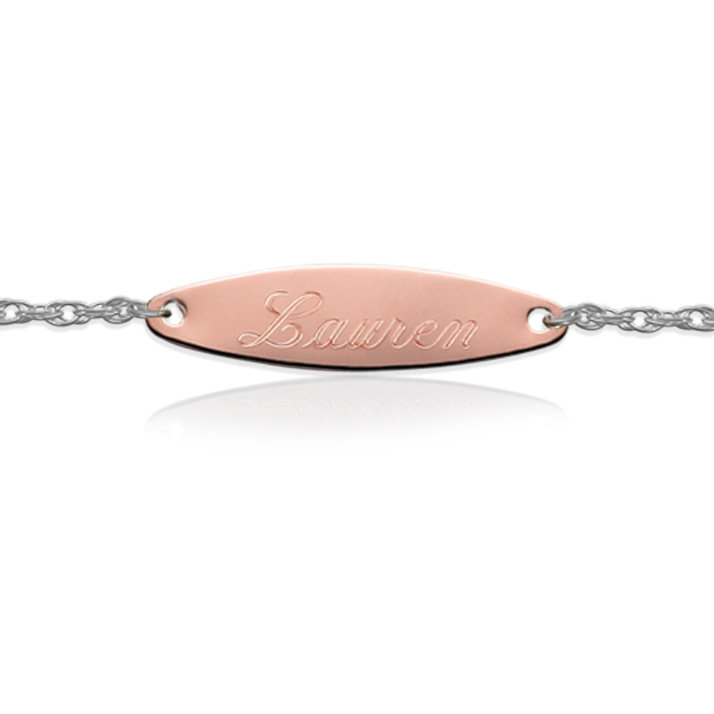 Gold Engraved Oval Tag on Sterling Silver Bracelet
