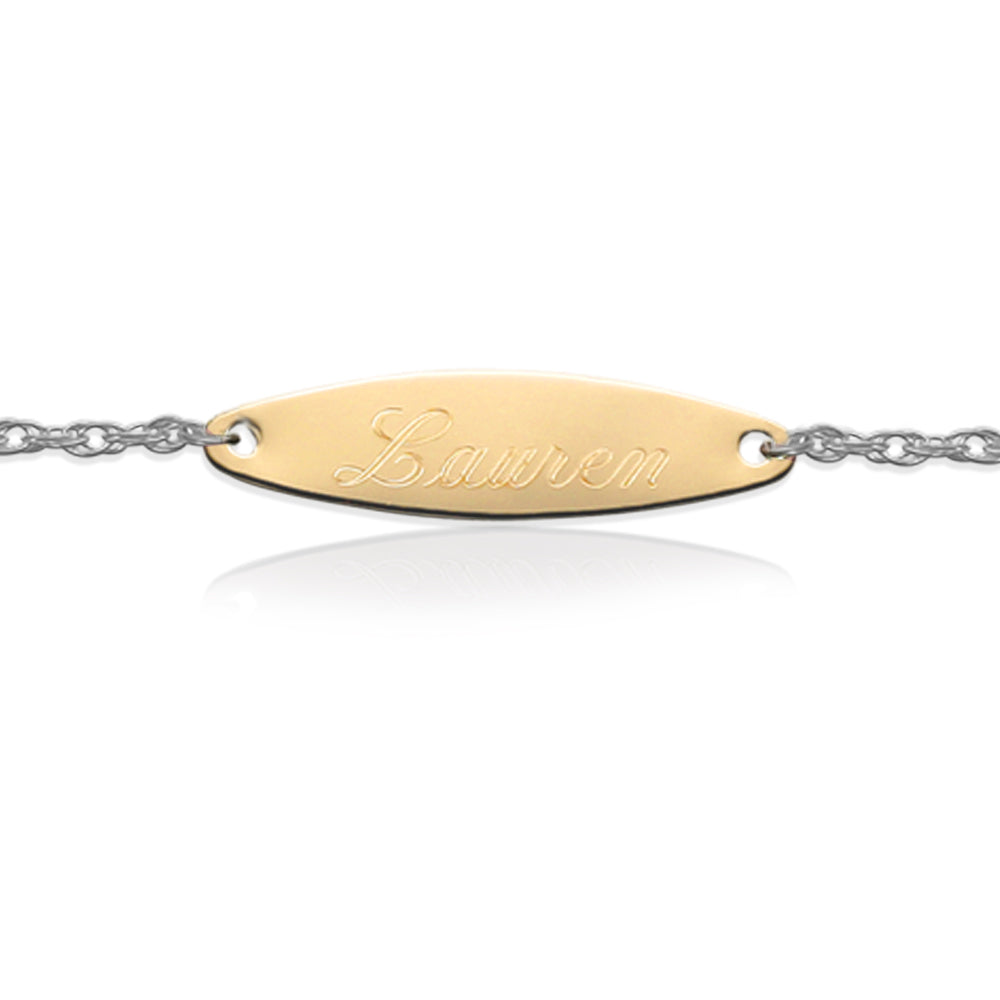 Gold Engraved Oval Tag on Sterling Silver Bracelet