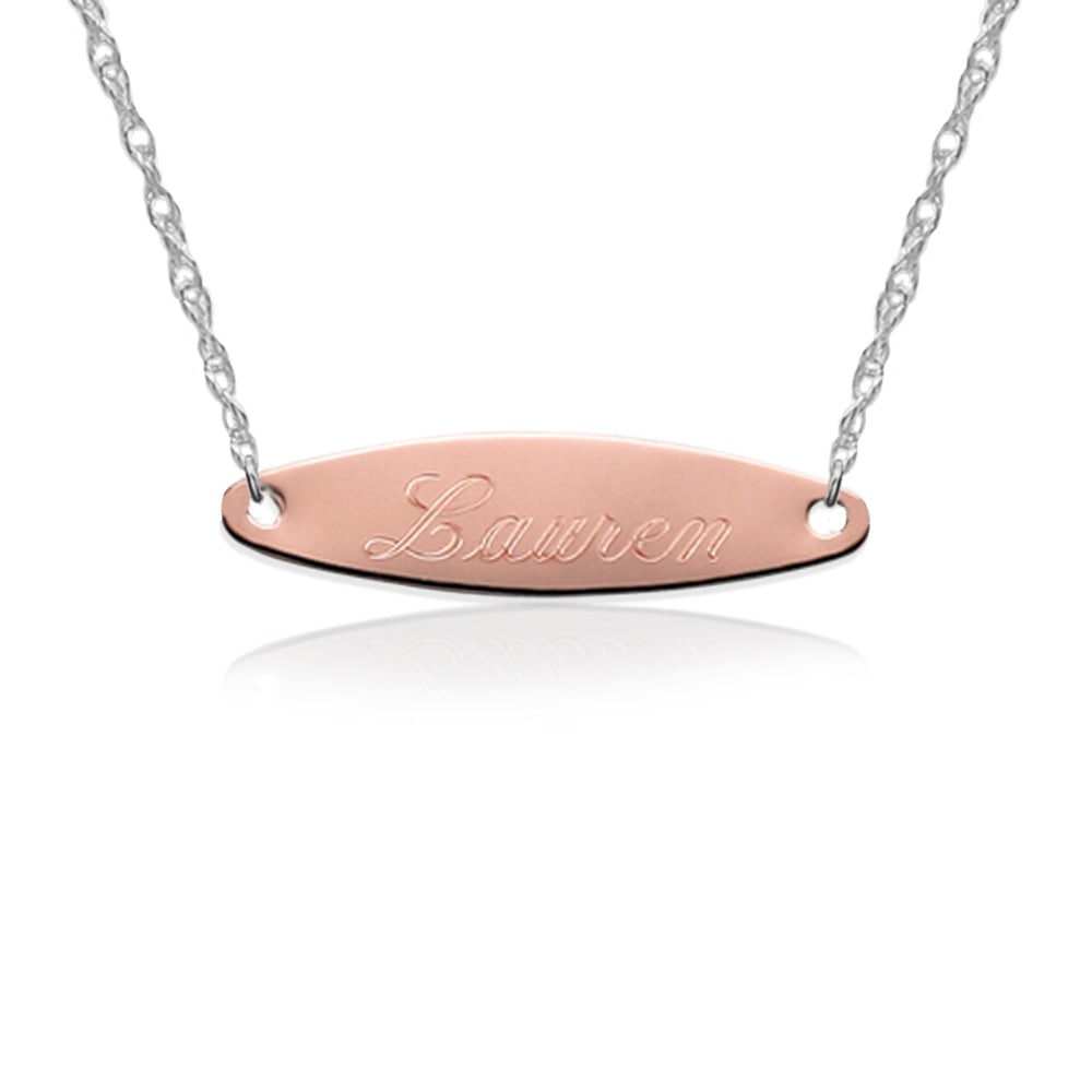 Gold Engraved Oval Tag on Sterling Silver Necklace
