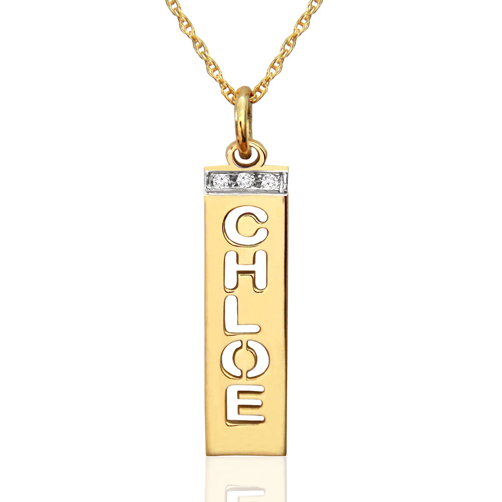 Pierced Name On Vertical Bar With Diamonds
