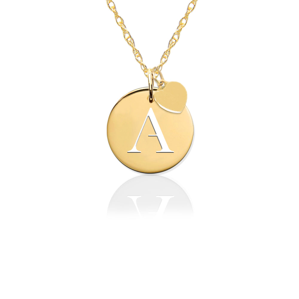 14K Gold Pierced Disc Initial Charm w Gold Heart