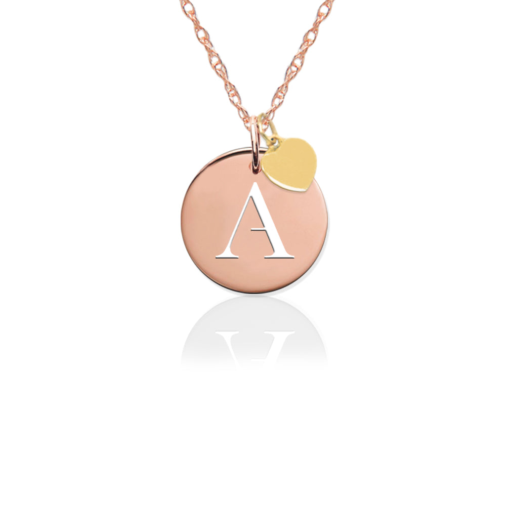 14K Gold Pierced Disc Initial Charm w Gold Heart