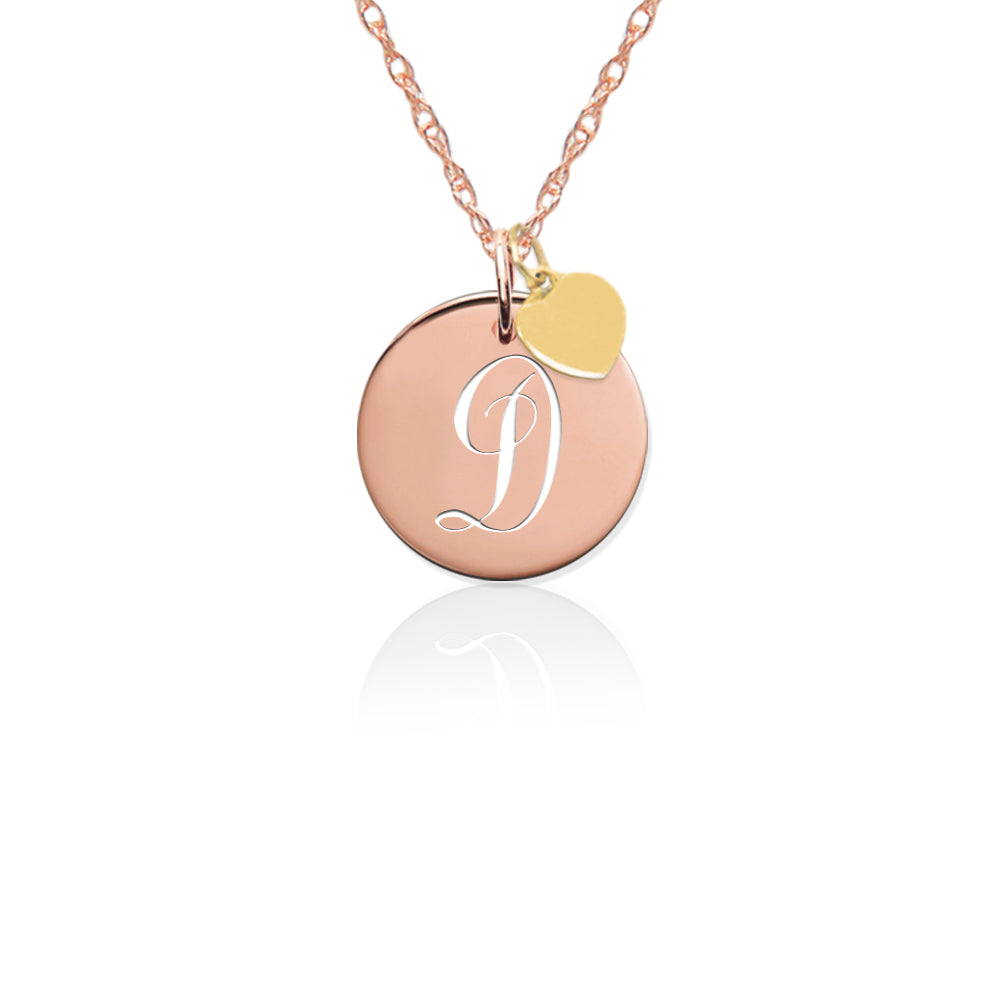 14K Gold Pierced Disc Initial Charm w Gold Heart