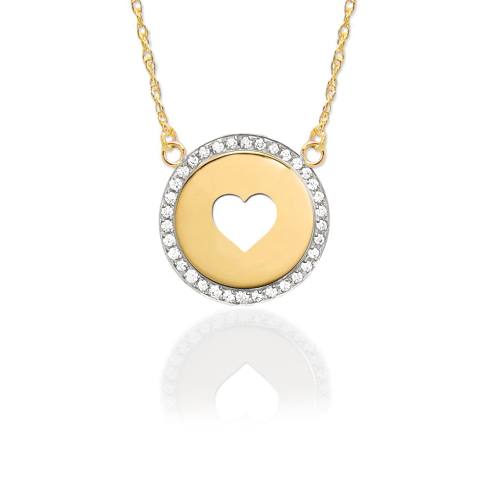 Gold Pierced Heart Disc with Diamond Border