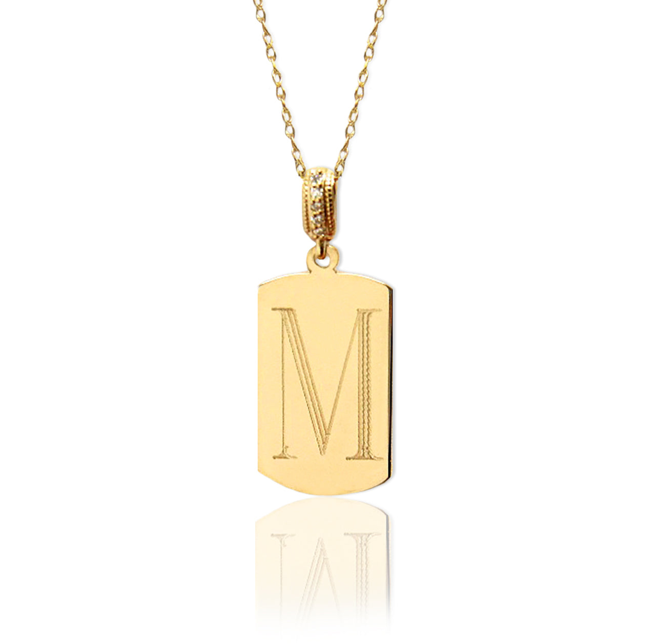 14K Gold Block Initial Dogtag With Diamond Bale