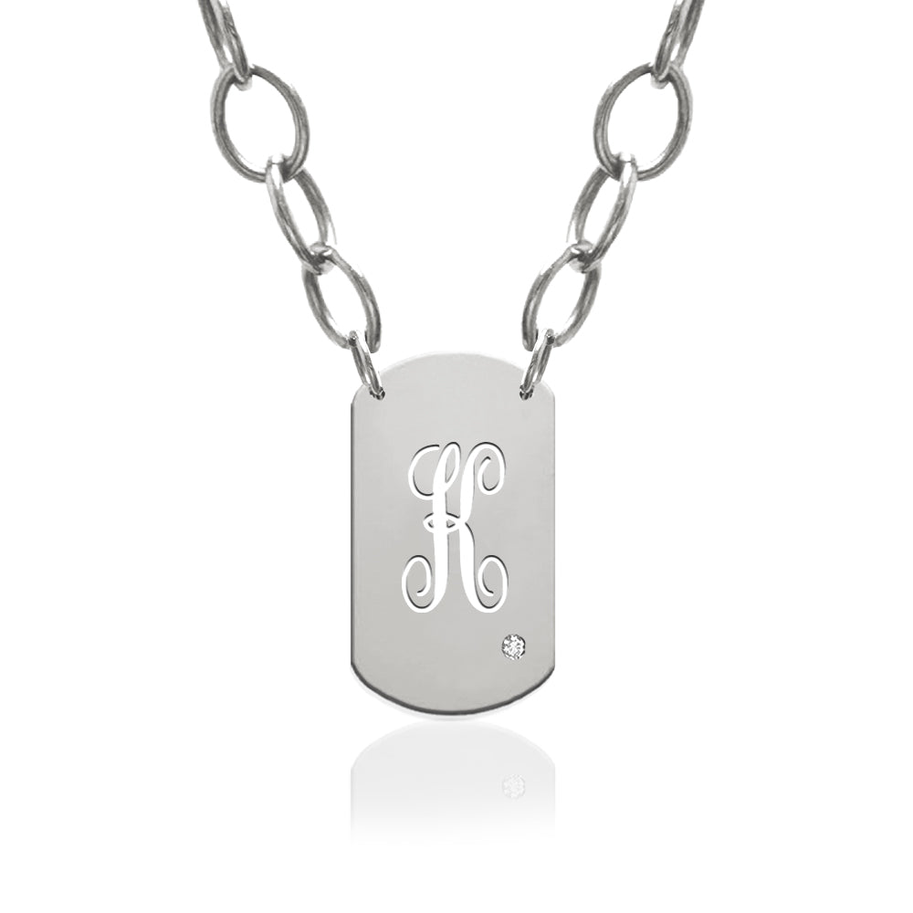 Script Initial Dog Tag Charm with Diamond Accent