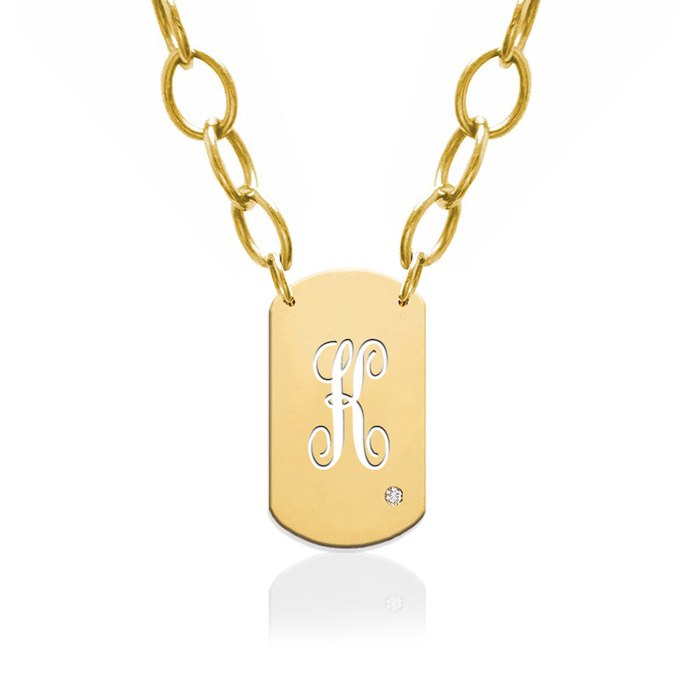 Script Initial Dog Tag Charm with Diamond Accent