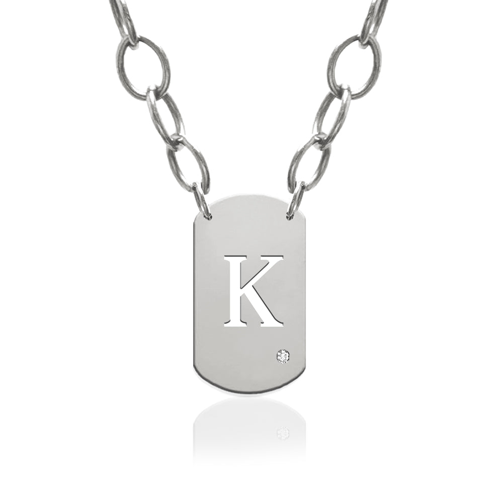 Block Initial Dog Tag Charm with Diamond Accent