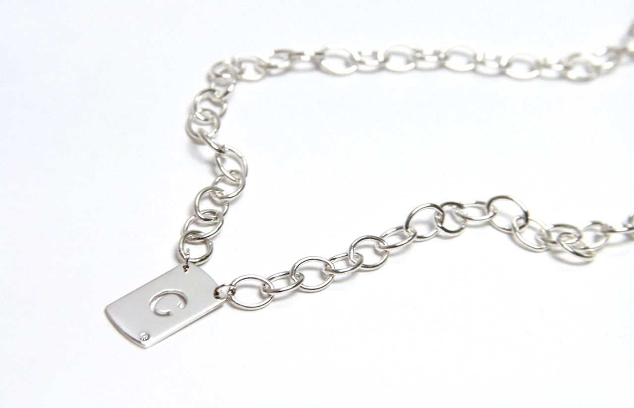 Block Initial Dog Tag Charm with Diamond Accent