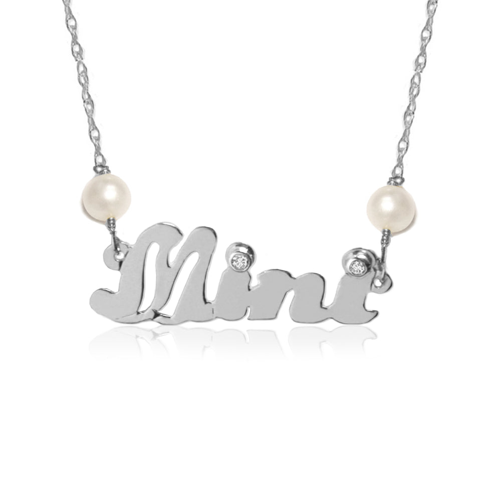 14K Gold Diamond and Pearl Nameplate Necklace