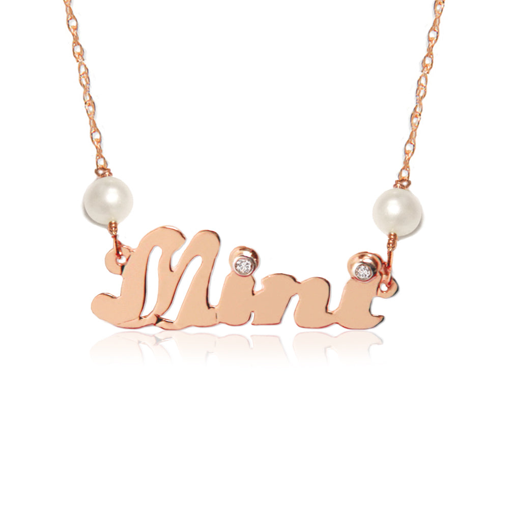 14K Gold Diamond and Pearl Nameplate Necklace