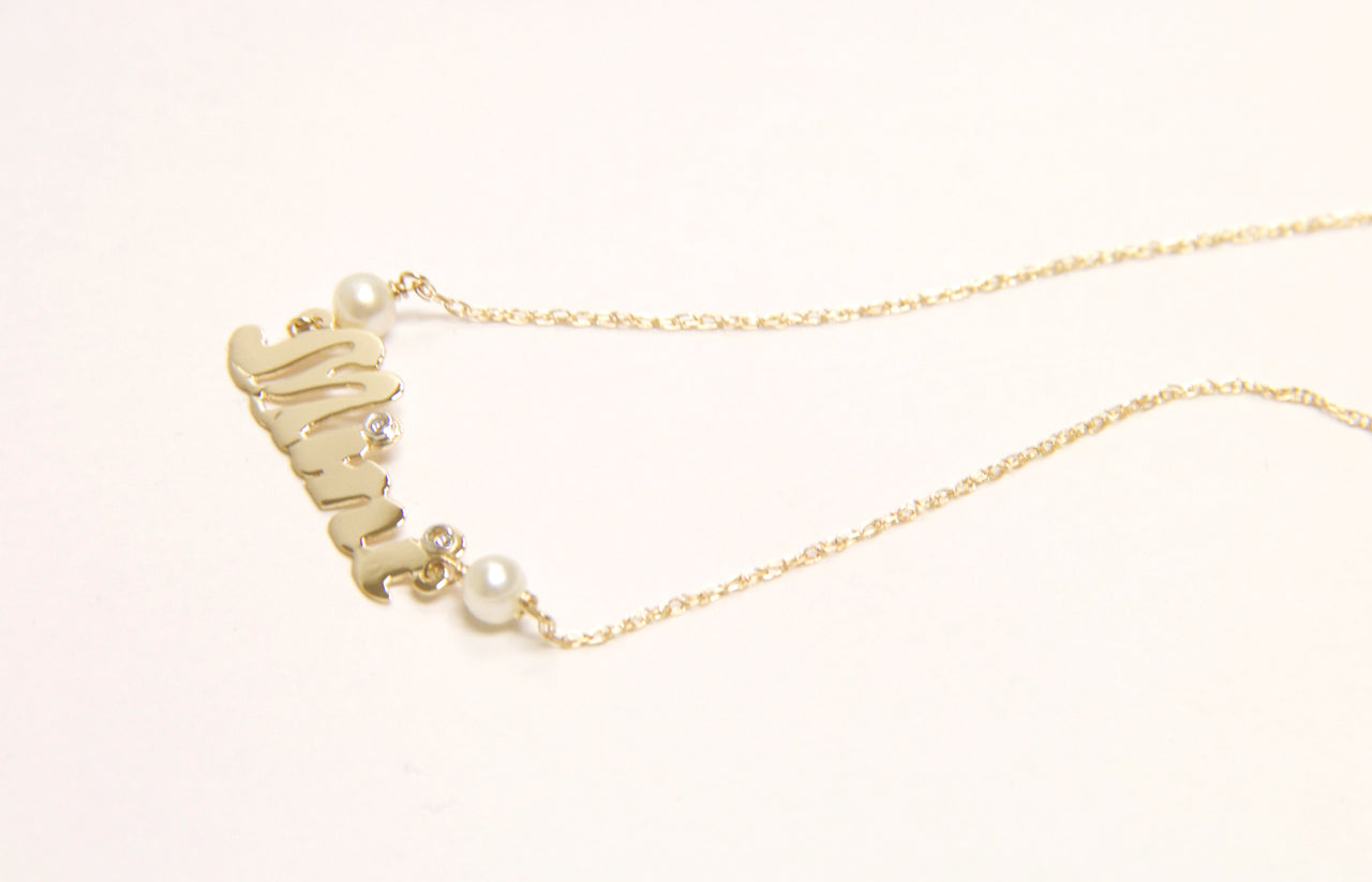 14K Gold Diamond and Pearl Nameplate Necklace
