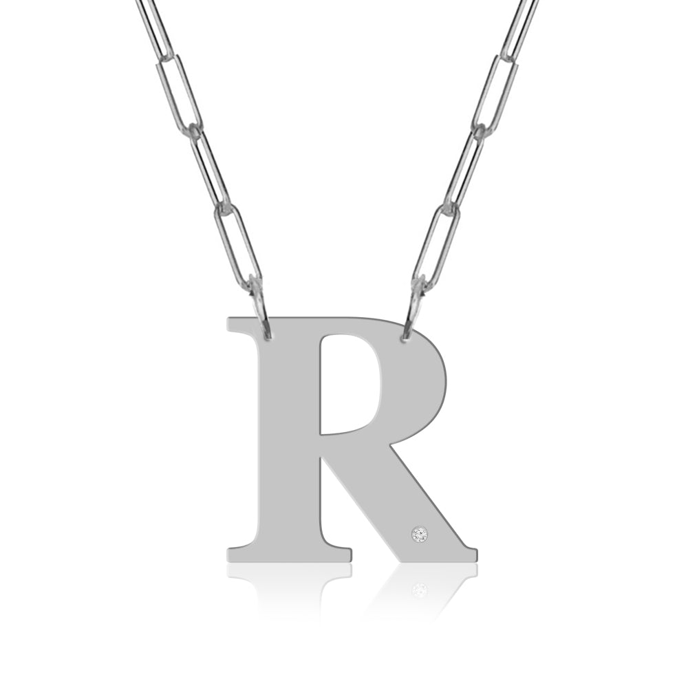 Block Initial & Diamond Accent On Paper Clip Necklace