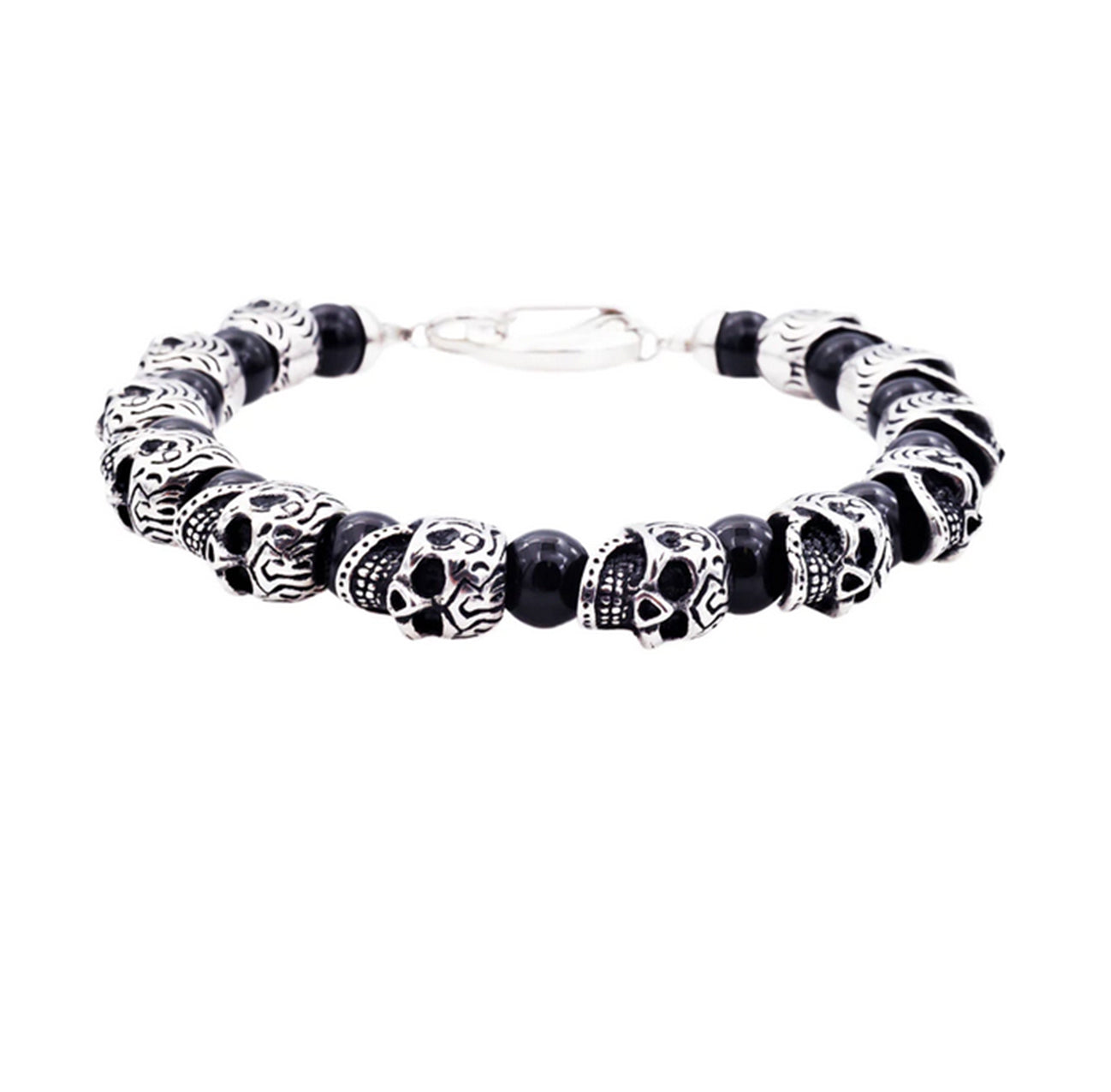 Genuine Onyx Stainless Steel Skull Beaded Bracelet