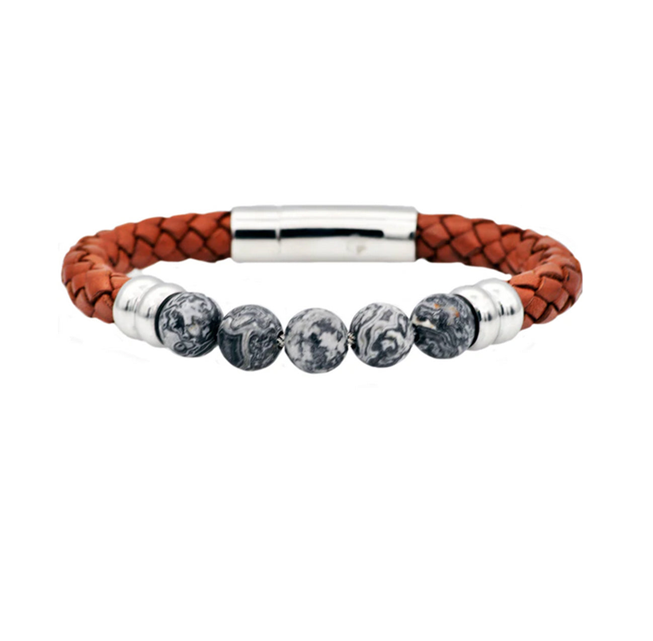 Genuine Gray Jasper And Brown Leather Stainless Steel Beaded Bracelet