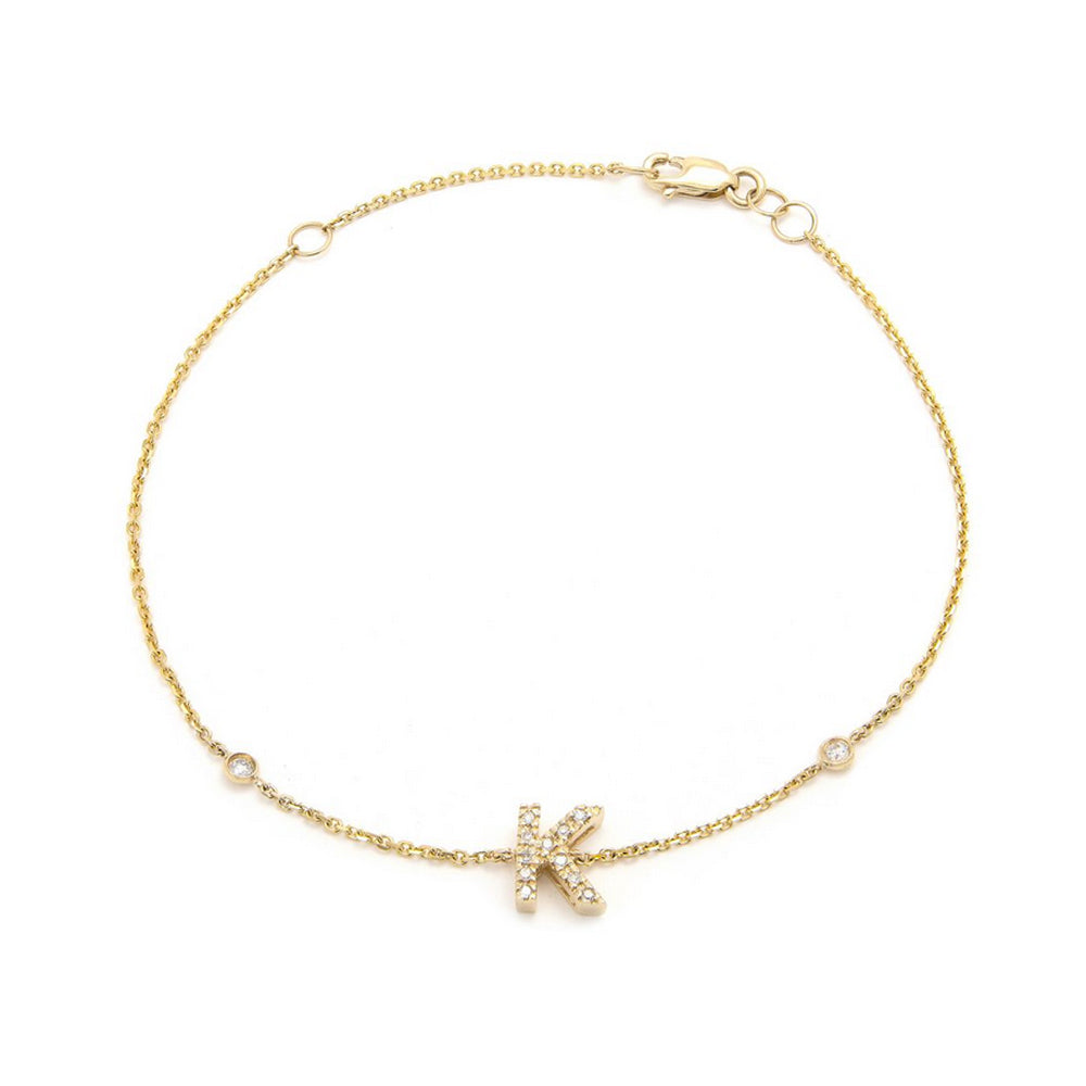 14K Yellow Gold Initial Single Micro Pave Diamond Bracelet