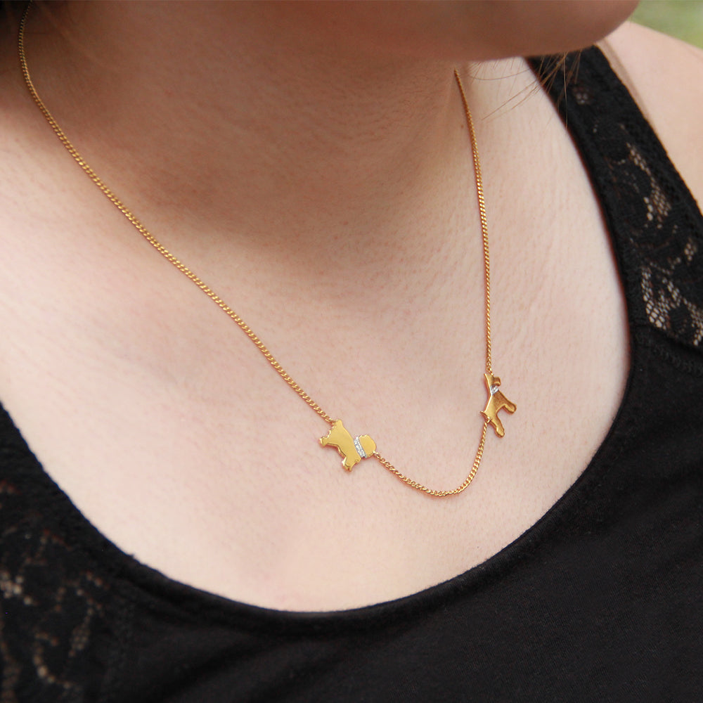 Two Dog Necklace with Diamond Accent Collar and Engraved Names